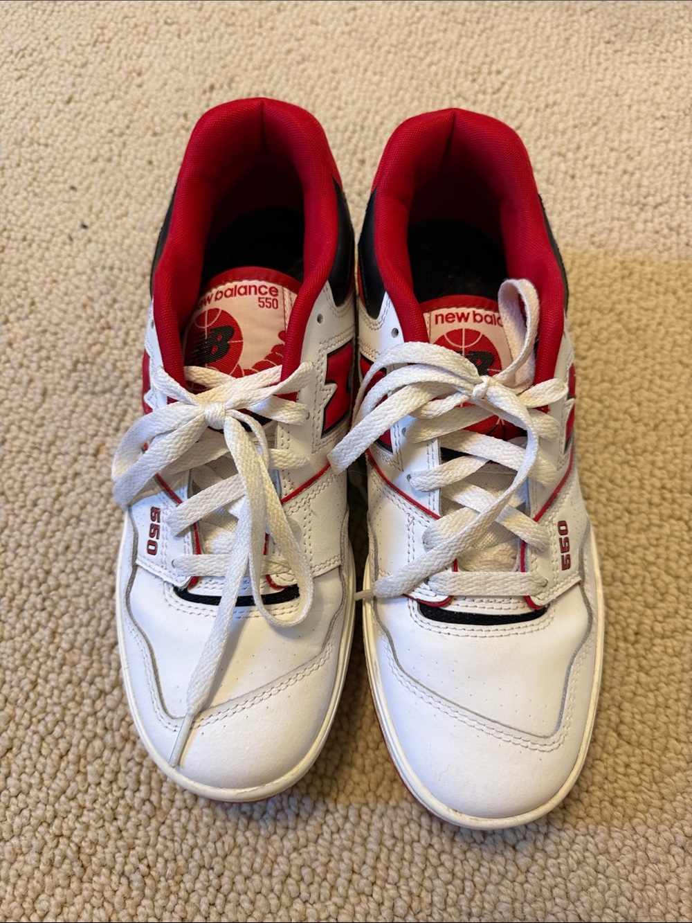 New Balance White and Red 550 Sneakers